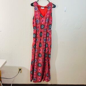 French Grey Vibrant Red and Black Patterned Maxi Dress Women Large Sundress